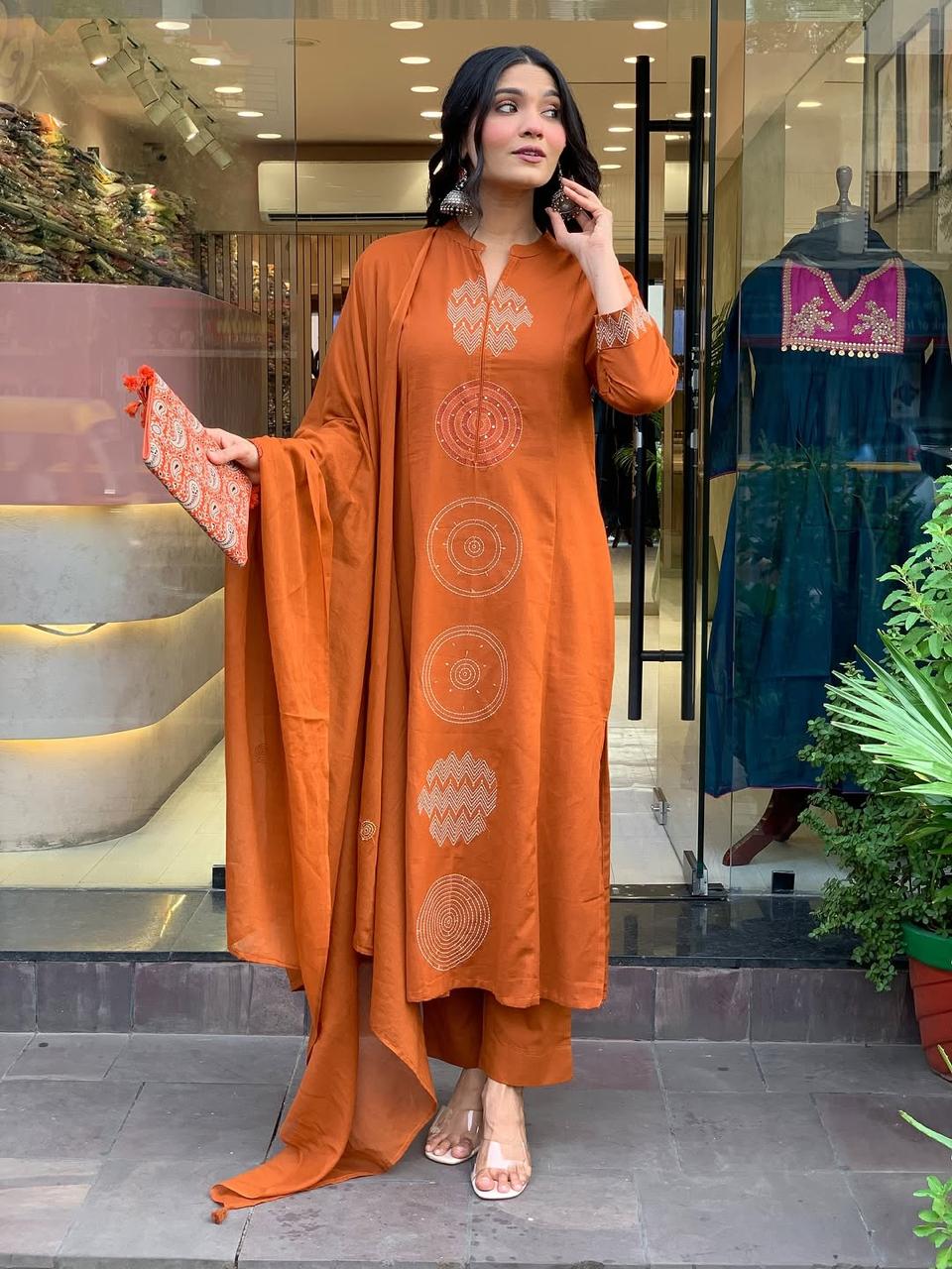 Orange Rust Embroidered Cotton Kurti With Pant & Dupatta Set | For Women