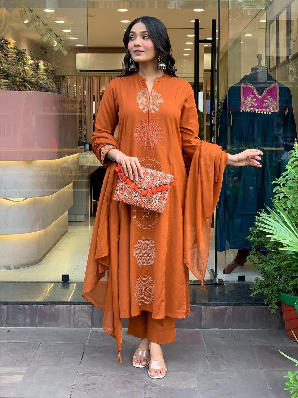 Orange Rust Embroidered Cotton Kurti With Pant & Dupatta Set | For Women