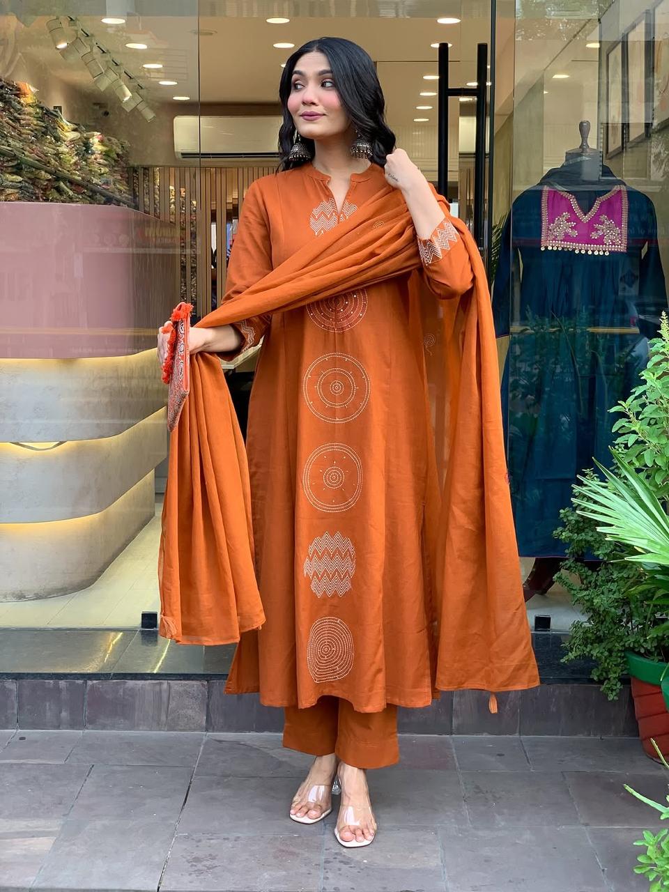 Orange Rust Embroidered Cotton Kurti With Pant & Dupatta Set | For Women