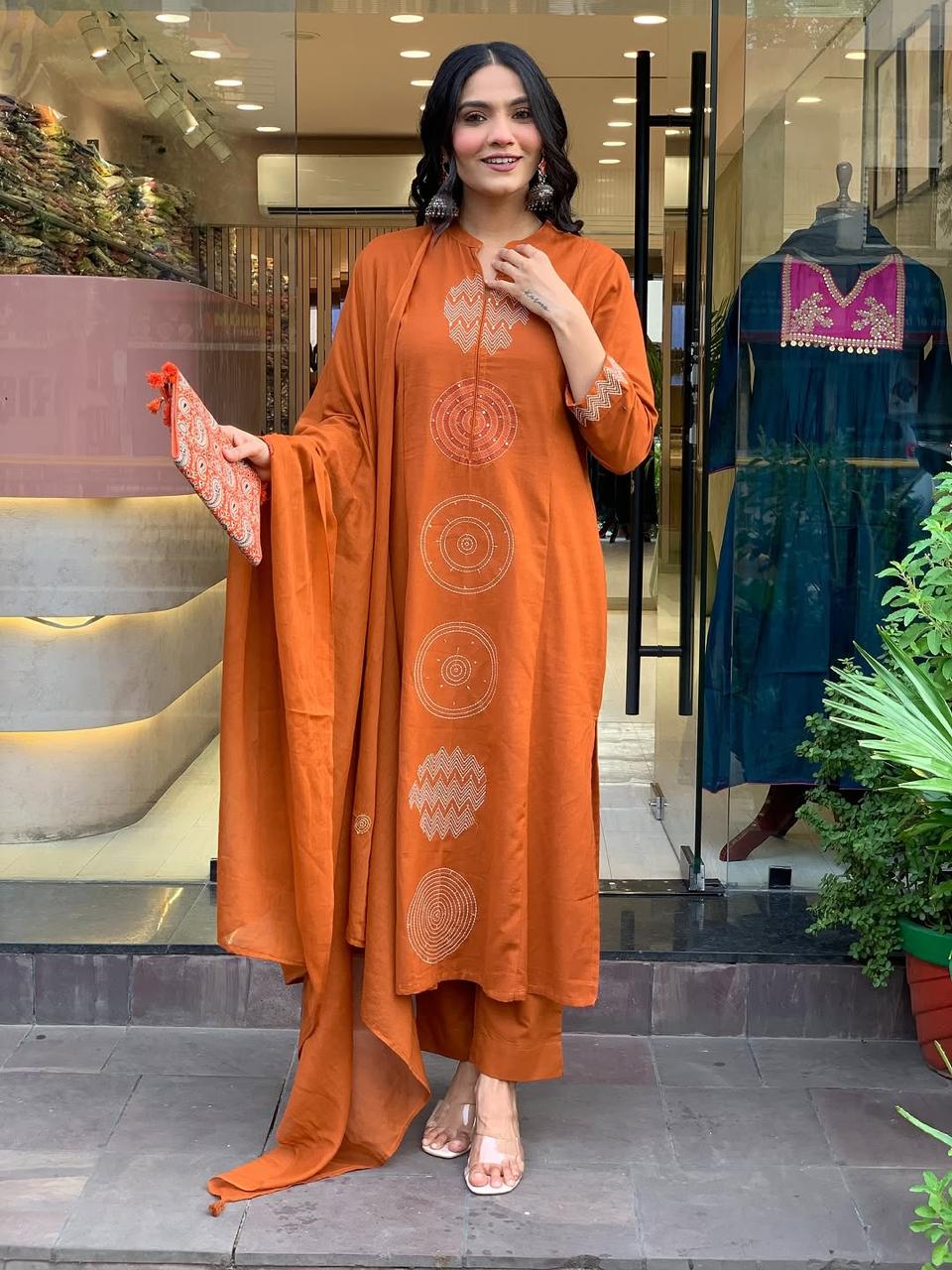 Orange Rust Embroidered Cotton Kurti With Pant & Dupatta Set | For Women