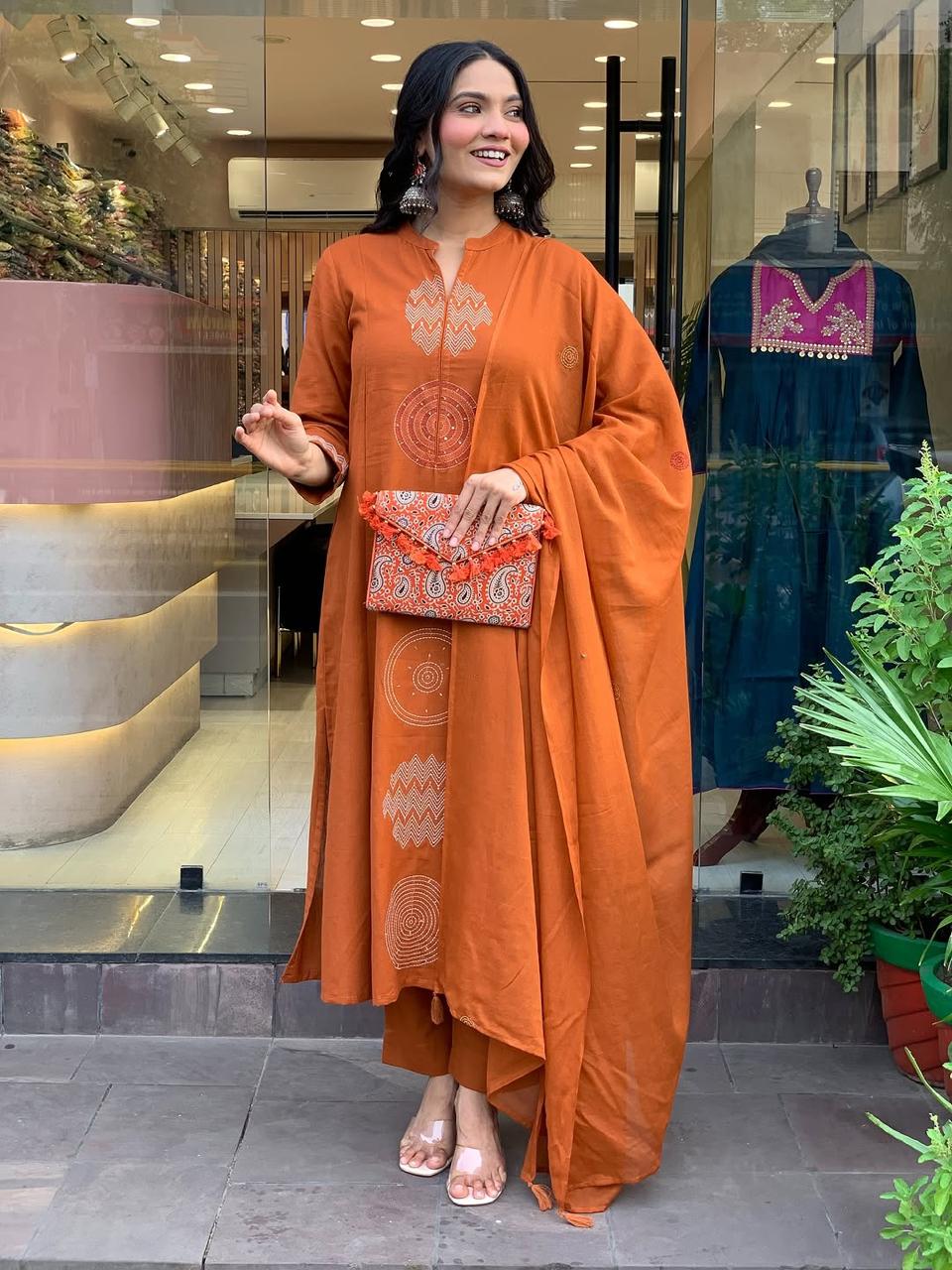 Orange Rust Embroidered Cotton Kurti With Pant & Dupatta Set | For Women
