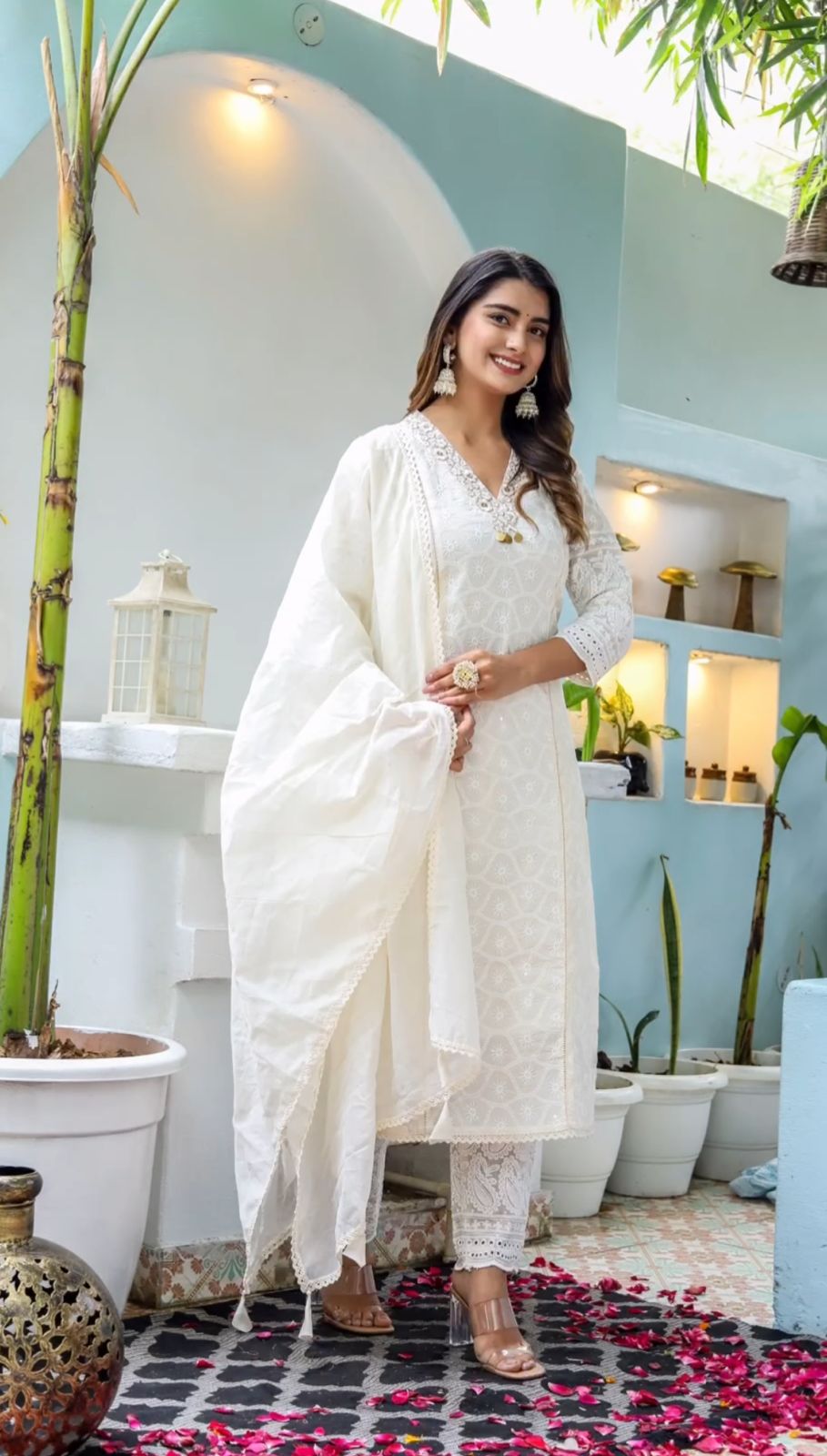 White Cotton Chikankari Kurti With Pant & Dupatta Set | For Women