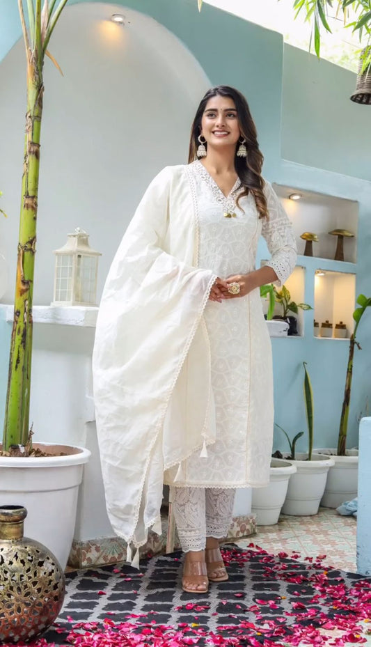 White Cotton Chikankari Kurti With Pant & Dupatta Set | For Women