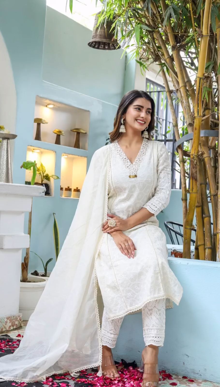 White Cotton Chikankari Kurti With Pant & Dupatta Set | For Women