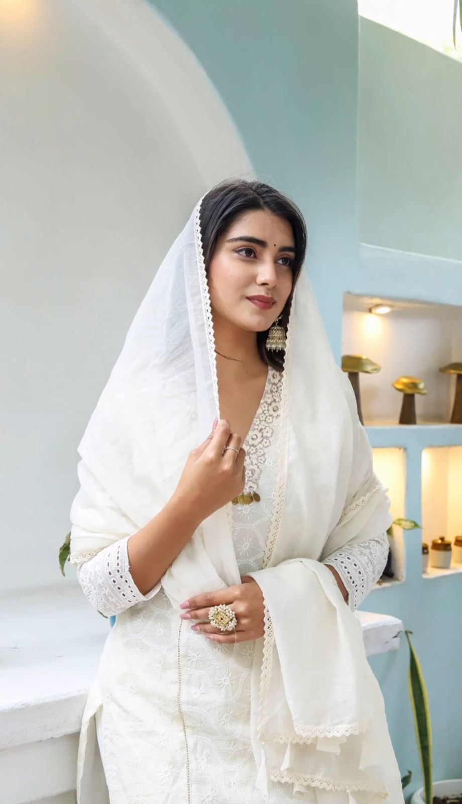 White Cotton Chikankari Kurti With Pant & Dupatta Set | For Women