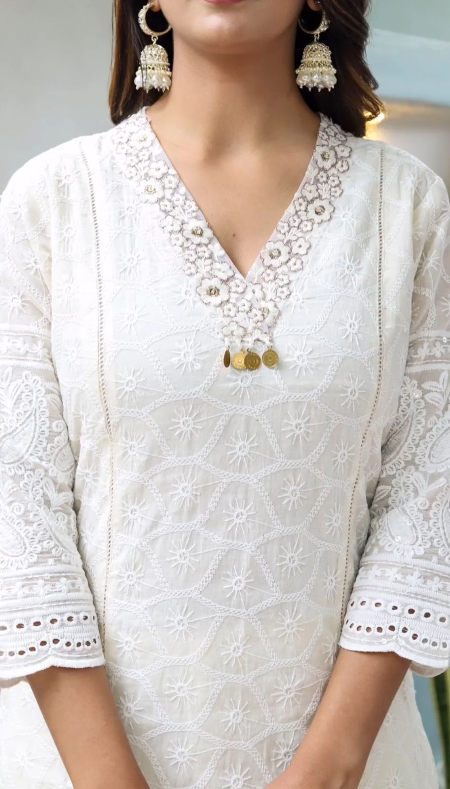 White Cotton Chikankari Kurti With Pant & Dupatta Set | For Women