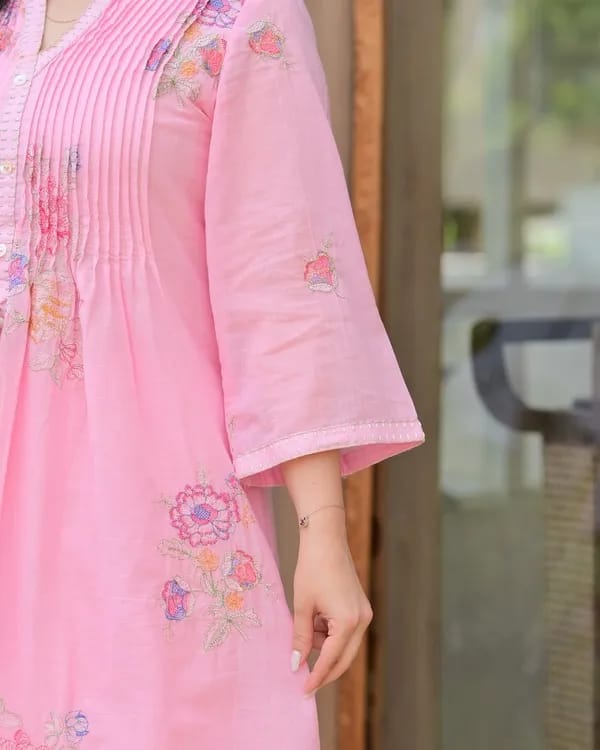 Soft Pink Embroidered A-Line Kurta
