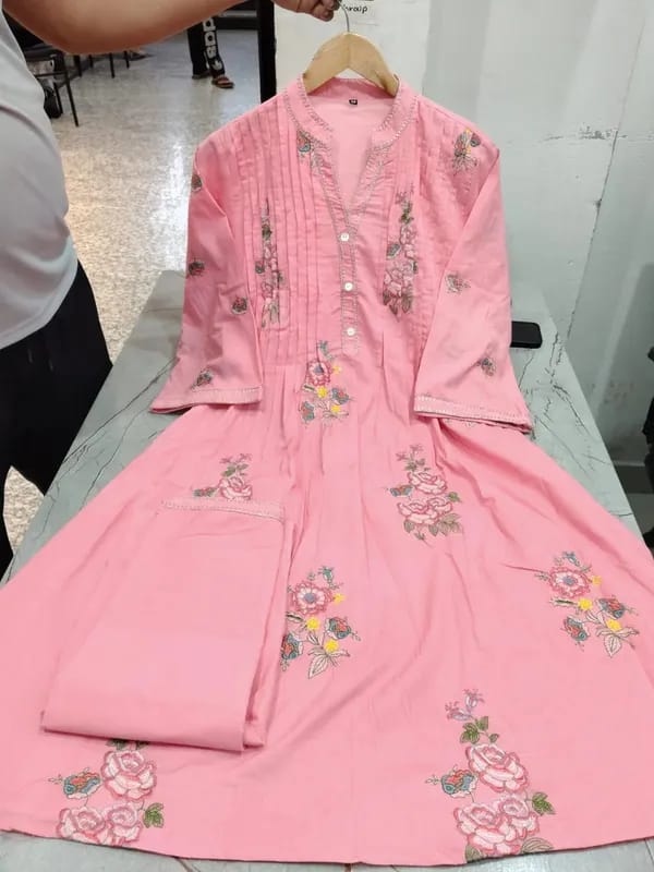 Soft Pink Embroidered A-Line Kurta