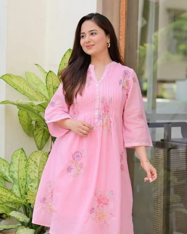 Soft Pink Embroidered A-Line Kurta
