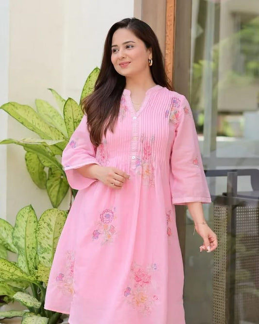 Soft Pink Embroidered A-Line Kurta