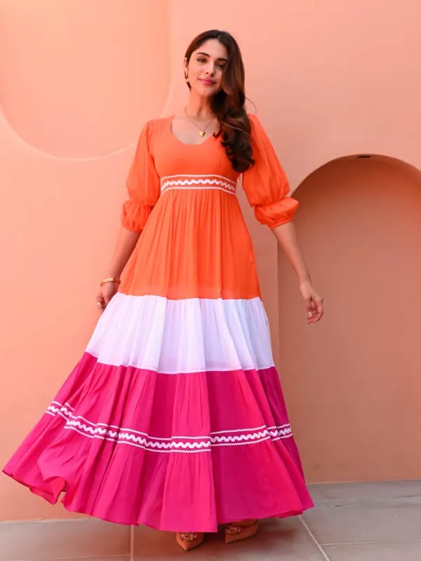 Stylish Orange & Pink Colorblock Tiered Maxi Dress