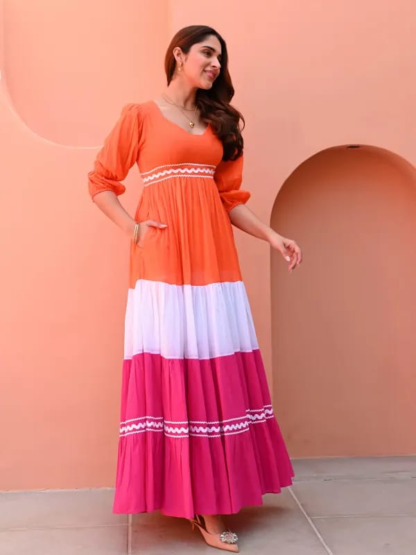Stylish Orange & Pink Colorblock Tiered Maxi Dress