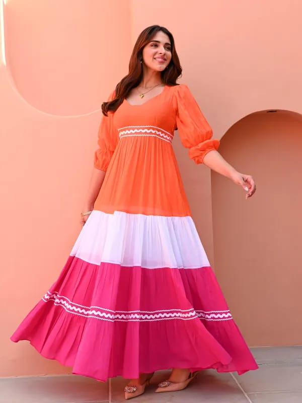 Stylish Orange & Pink Colorblock Tiered Maxi Dress