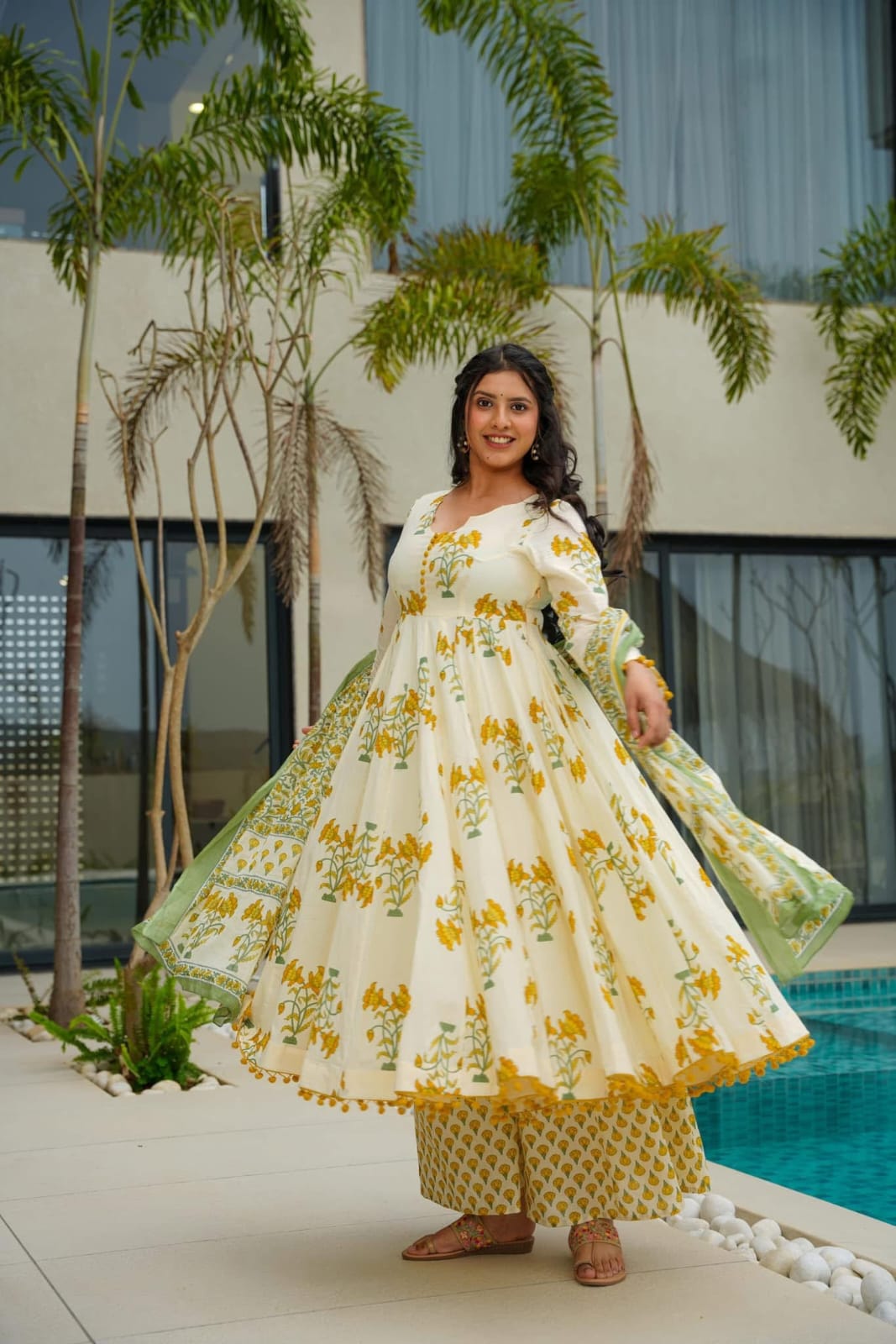 Sunlit Floral Charm: Ivory Anarkali Set