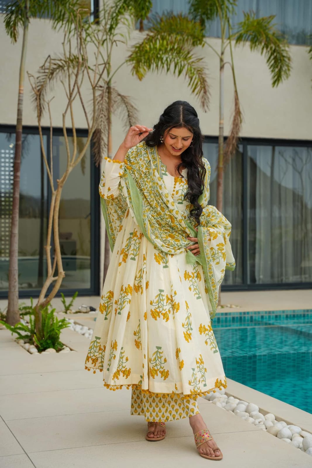 Sunlit Floral Charm: Ivory Anarkali Set