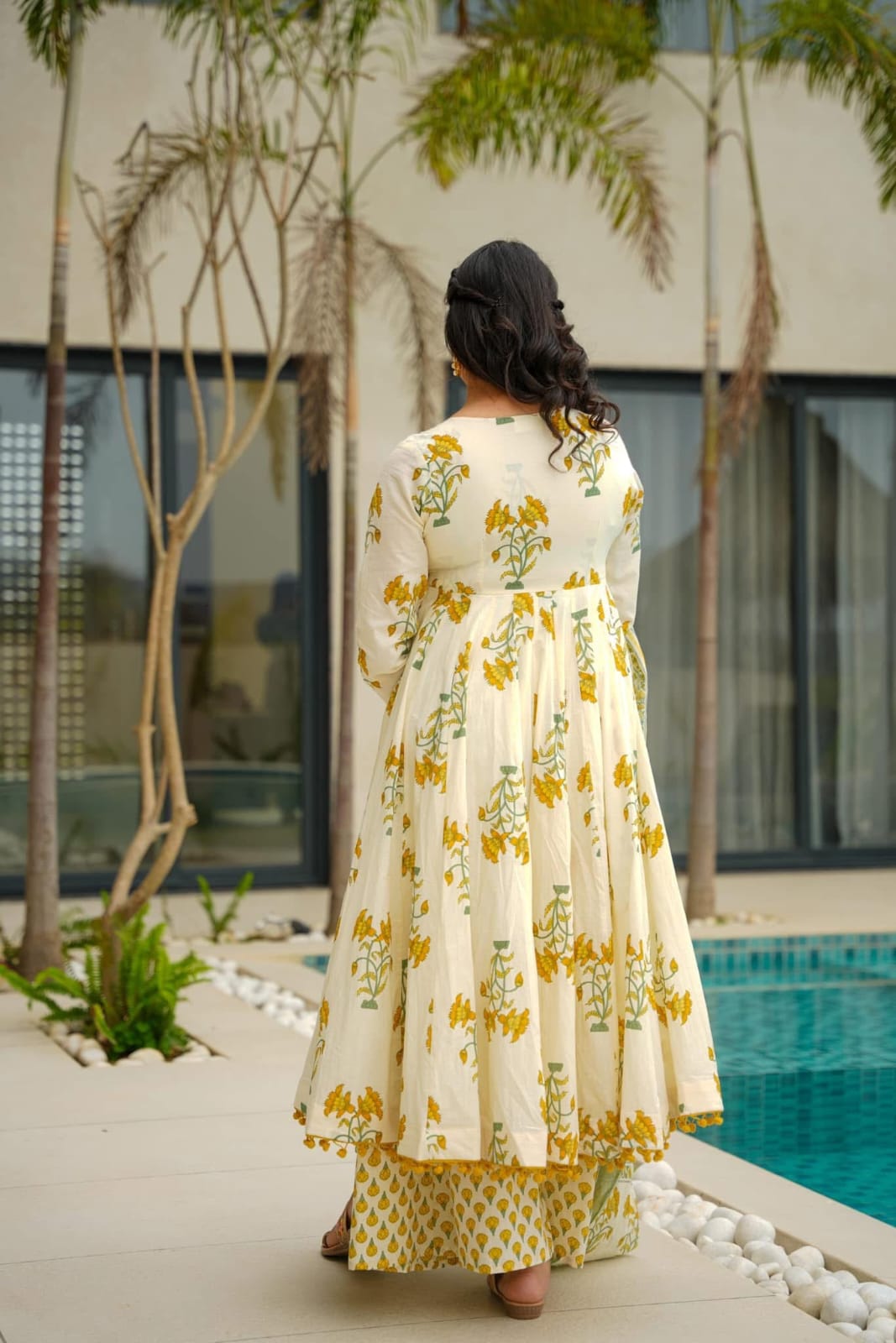 Sunlit Floral Charm: Ivory Anarkali Set