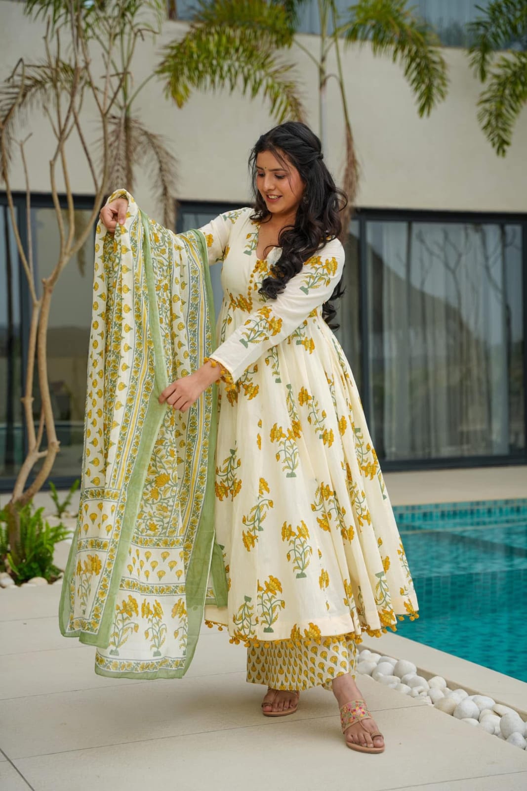 Sunlit Floral Charm: Ivory Anarkali Set