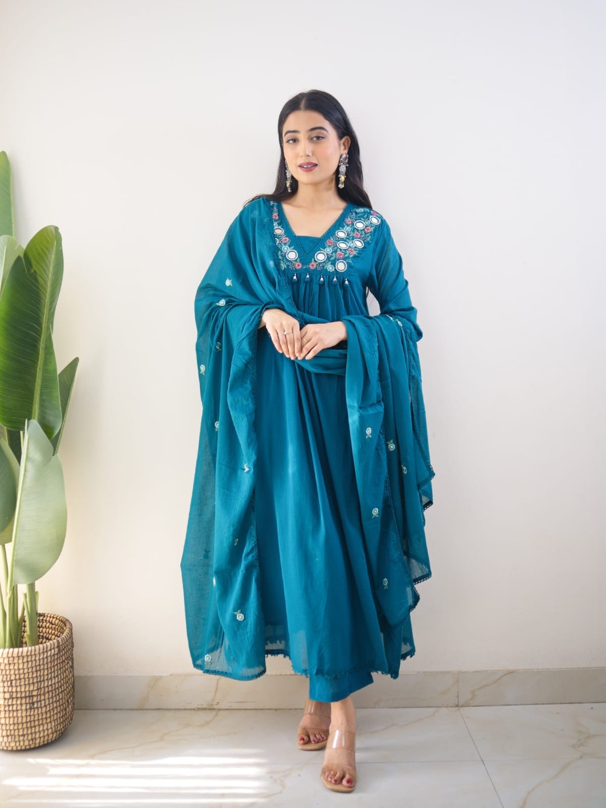Teal Blue Mirror Embroidered Kurta Pant Set with Dupatta
