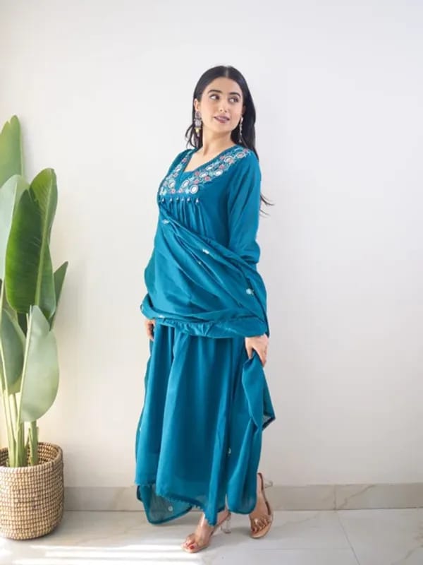 Teal Blue Mirror Embroidered Kurta Pant Set with Dupatta