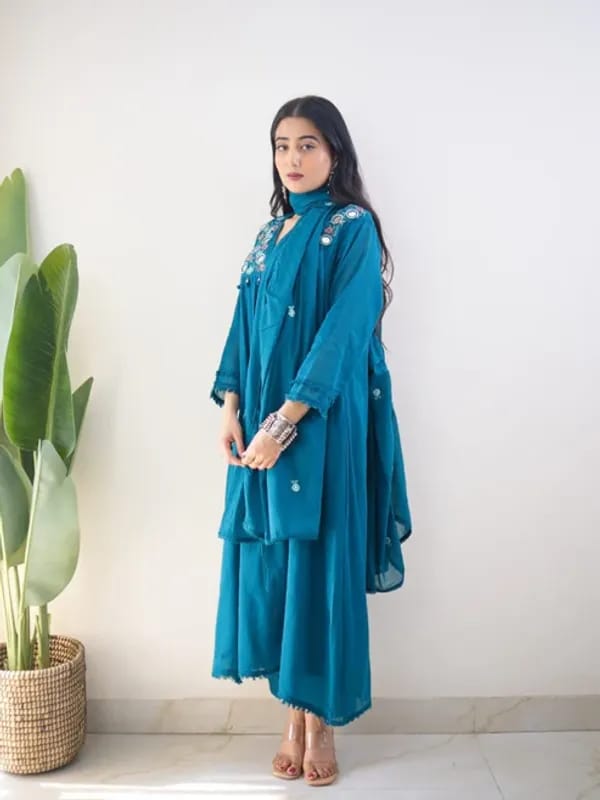 Teal Blue Mirror Embroidered Kurta Pant Set with Dupatta