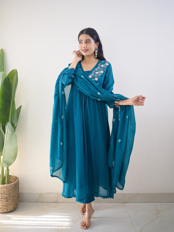 Teal Blue Mirror Embroidered Kurta Pant Set with Dupatta