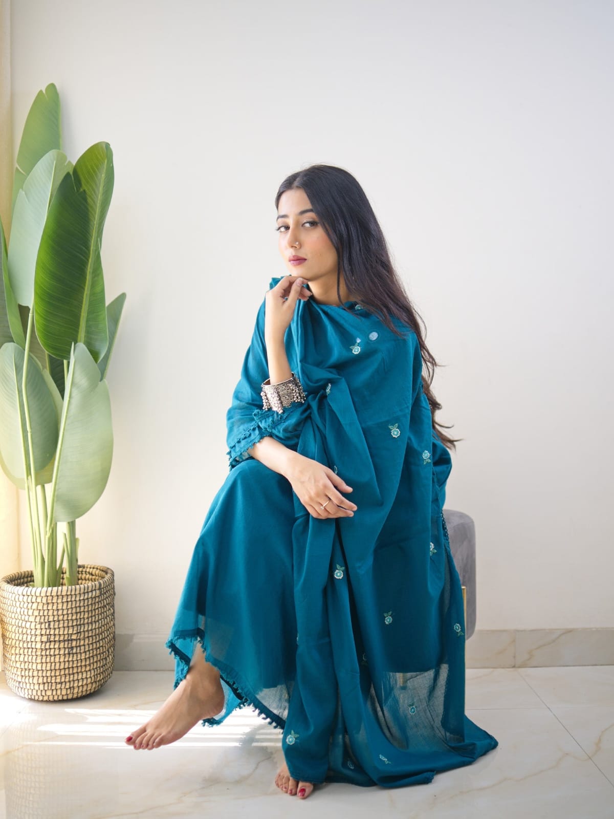 Teal Blue Mirror Embroidered Kurta Pant Set with Dupatta