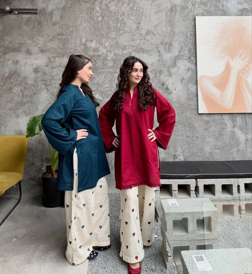 Teal Kurta with Ivory Heart-Print Pants Set