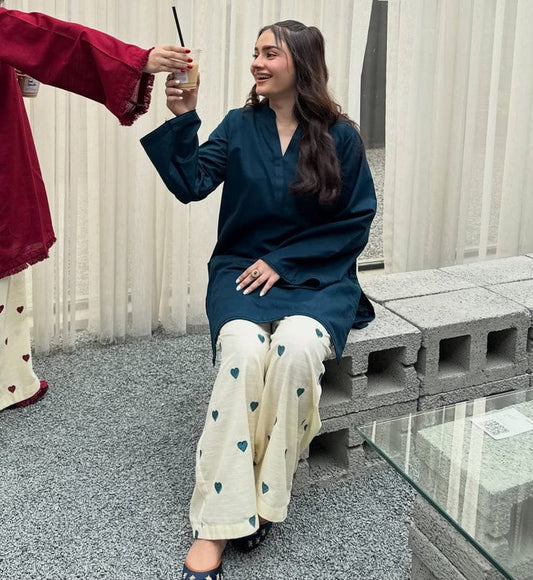 Teal Kurta with Ivory Heart-Print Pants Set