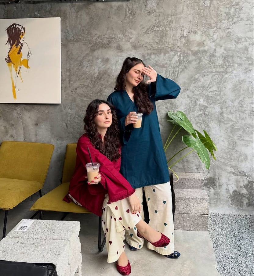 Teal Kurta with Ivory Heart-Print Pants Set