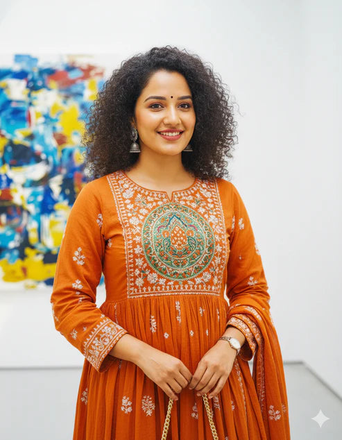 Orange Terracotta Mirror Work Anarkali Set For Women