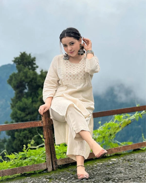 Off White Embroidered Co-Ord Set | For Women