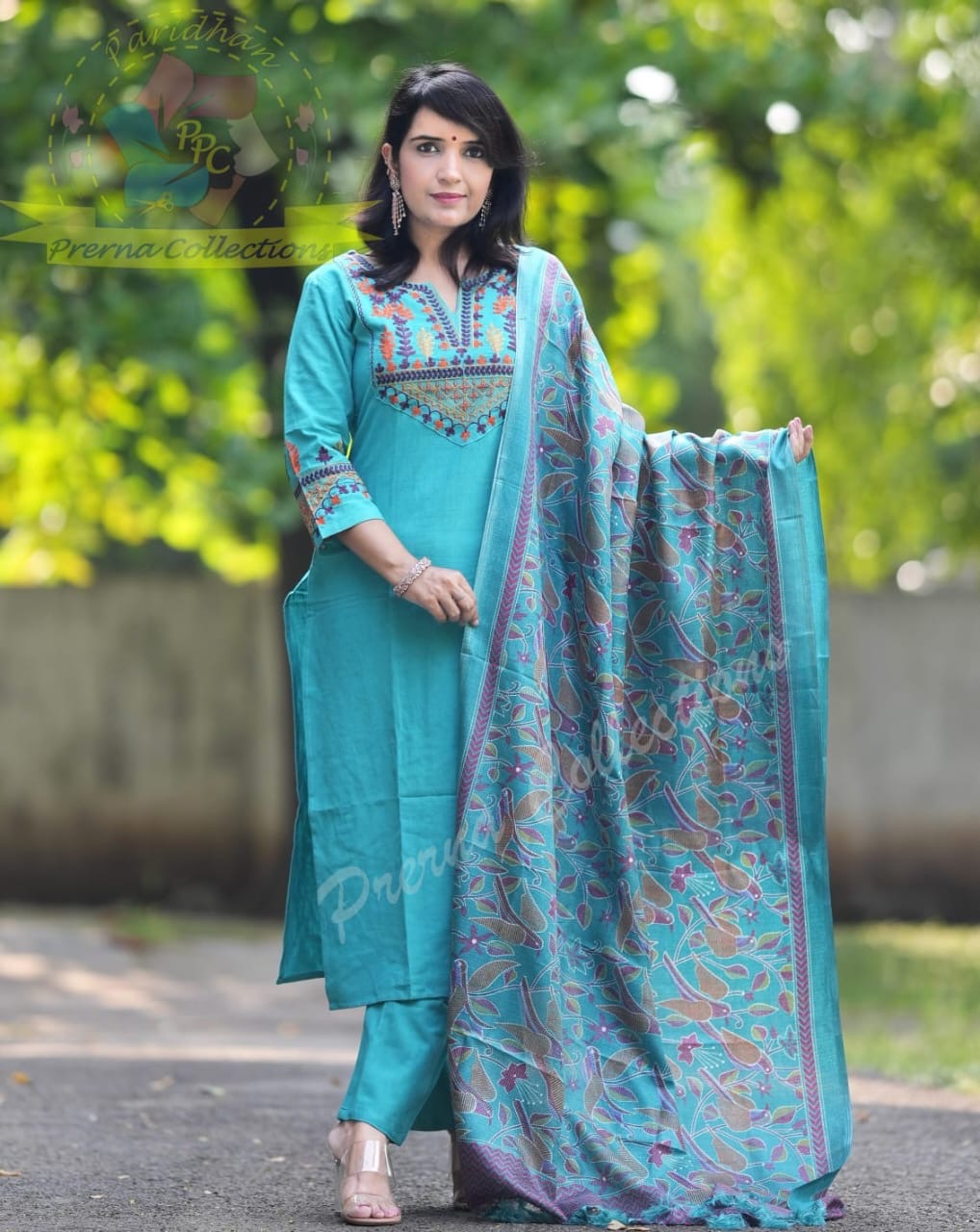 Turquoise Blue Embroidered Cotton Kurti With Pant & Dupatta Set | For Women