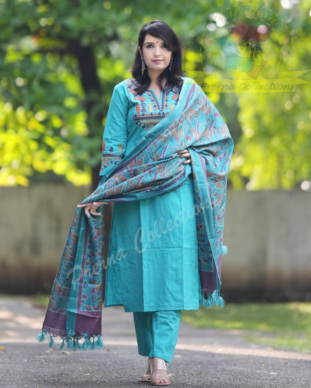 Turquoise Blue Embroidered Cotton Kurti With Pant & Dupatta Set | For Women