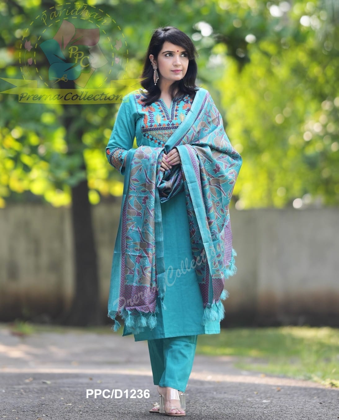 Turquoise Blue Embroidered Cotton Kurti With Pant & Dupatta Set | For Women