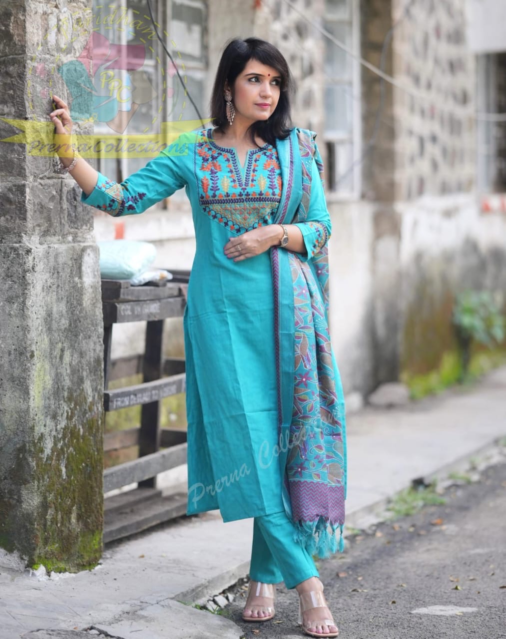 Turquoise Blue Embroidered Cotton Kurti With Pant & Dupatta Set | For Women