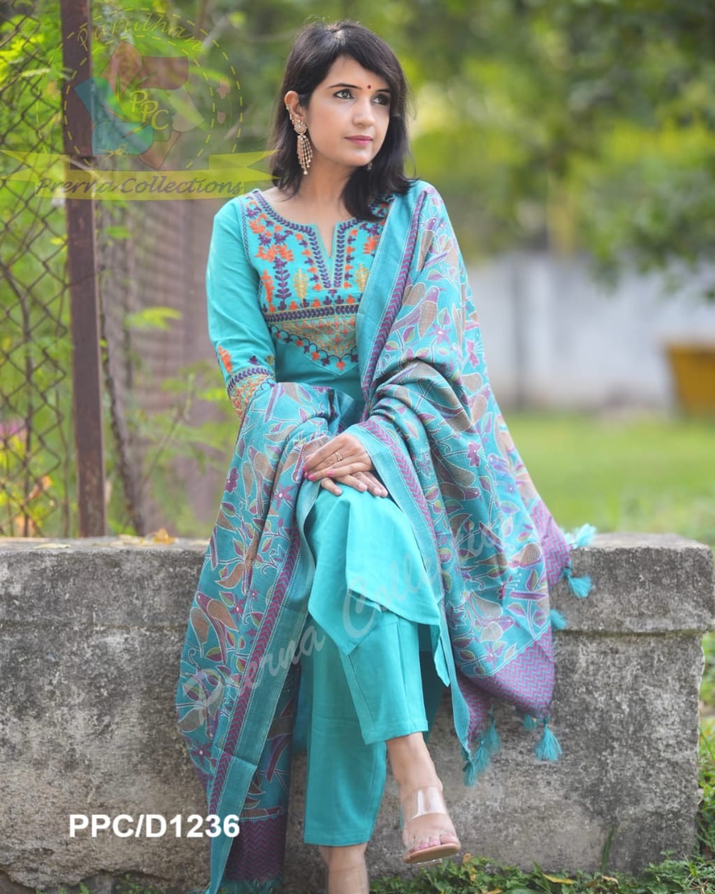 Turquoise Blue Embroidered Cotton Kurti With Pant & Dupatta Set | For Women