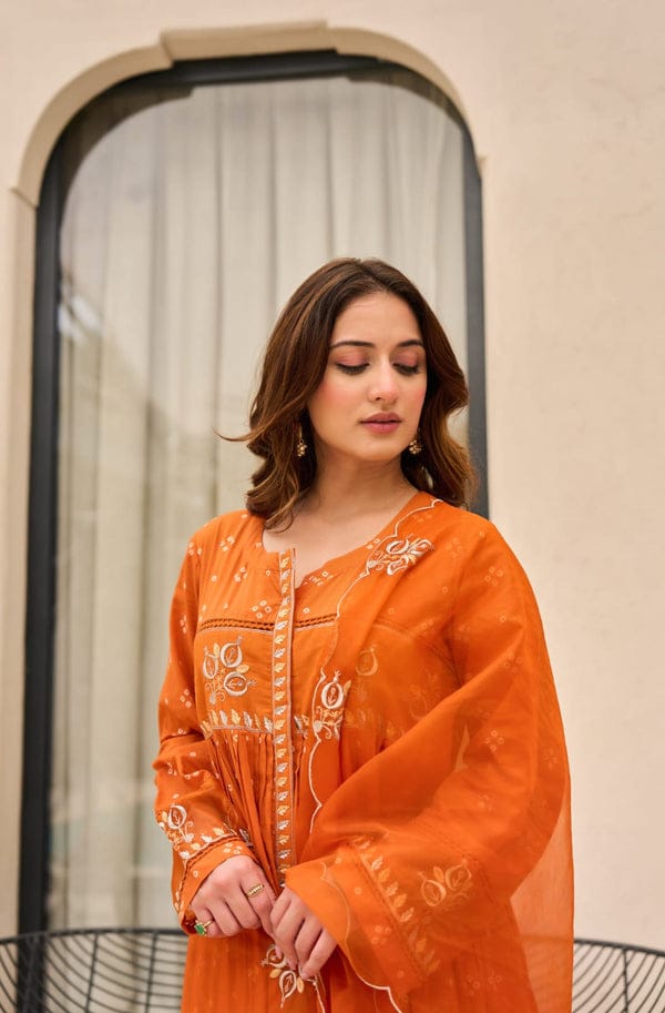 Vibrant Orange Embroidered Kurta Set with Dupatta