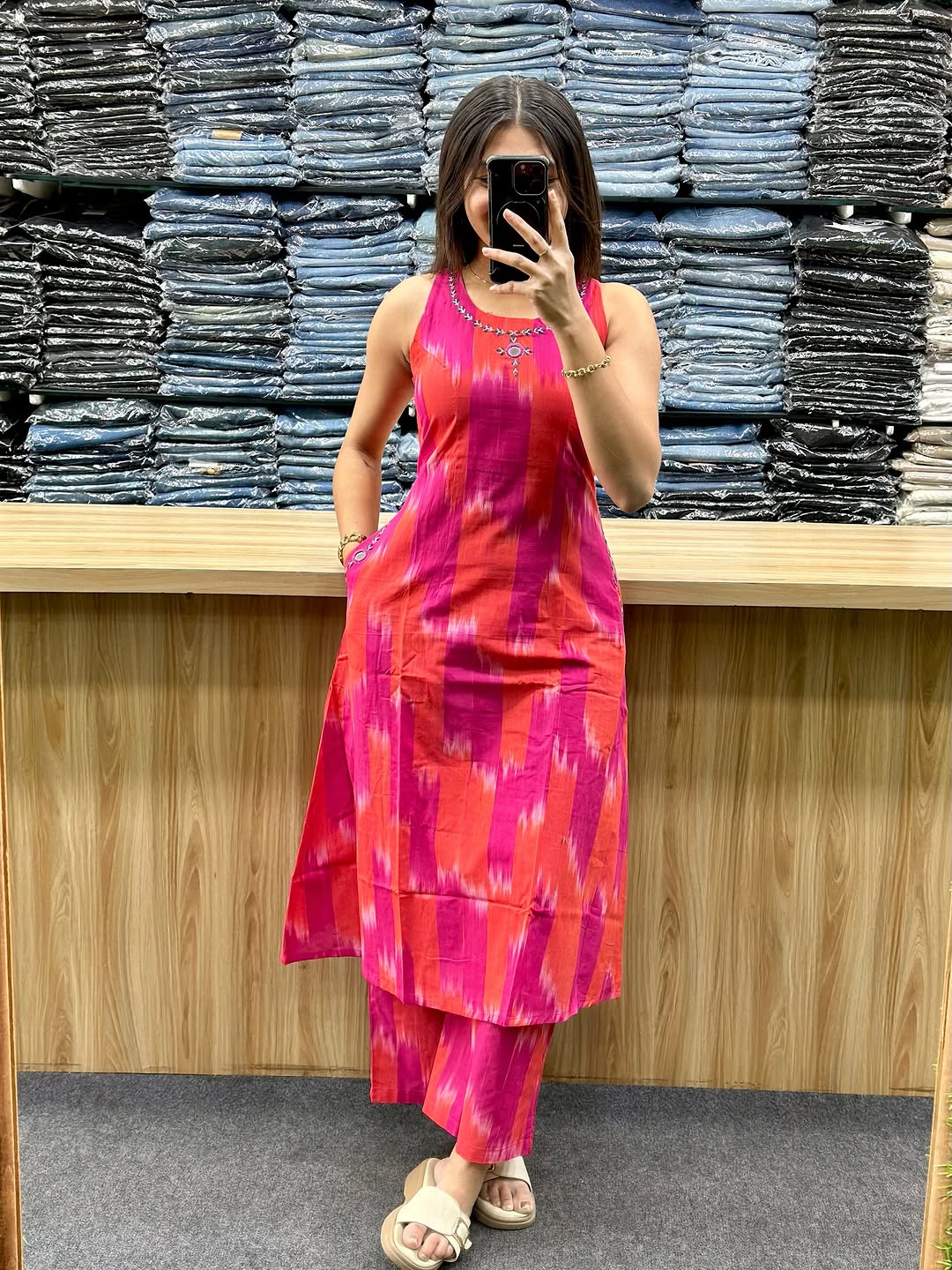 Vibrant Pink & Orange Ikat Sleeveless Kurta