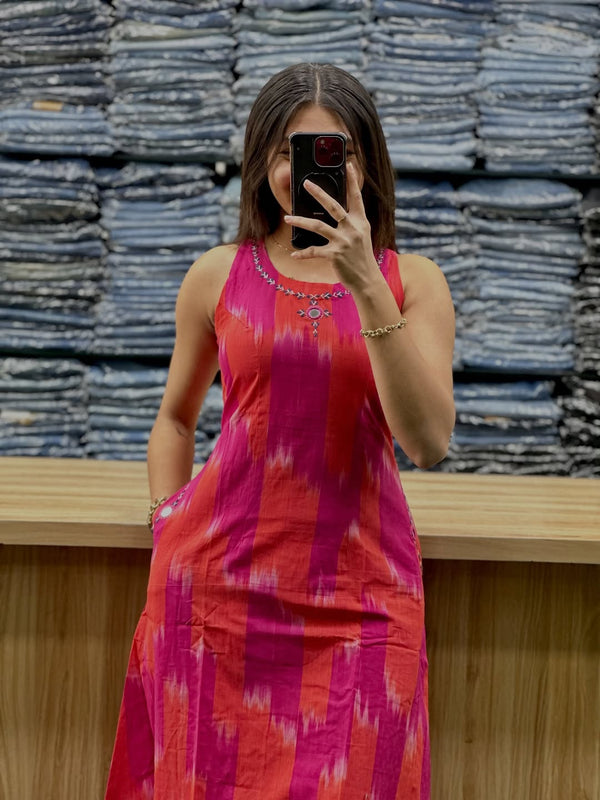 Vibrant Pink & Orange Ikat Sleeveless Kurta