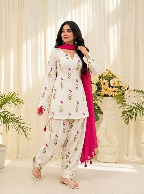 Off White Floral Kurta Patiala Set with Rani Pink Dupatta for Women