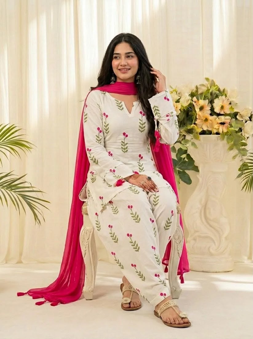 Off White Floral Kurta Patiala Set with Rani Pink Dupatta for Women