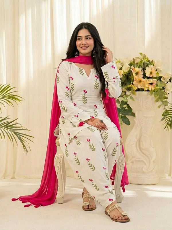 Off White Floral Kurta Patiala Set with Rani Pink Dupatta for Women