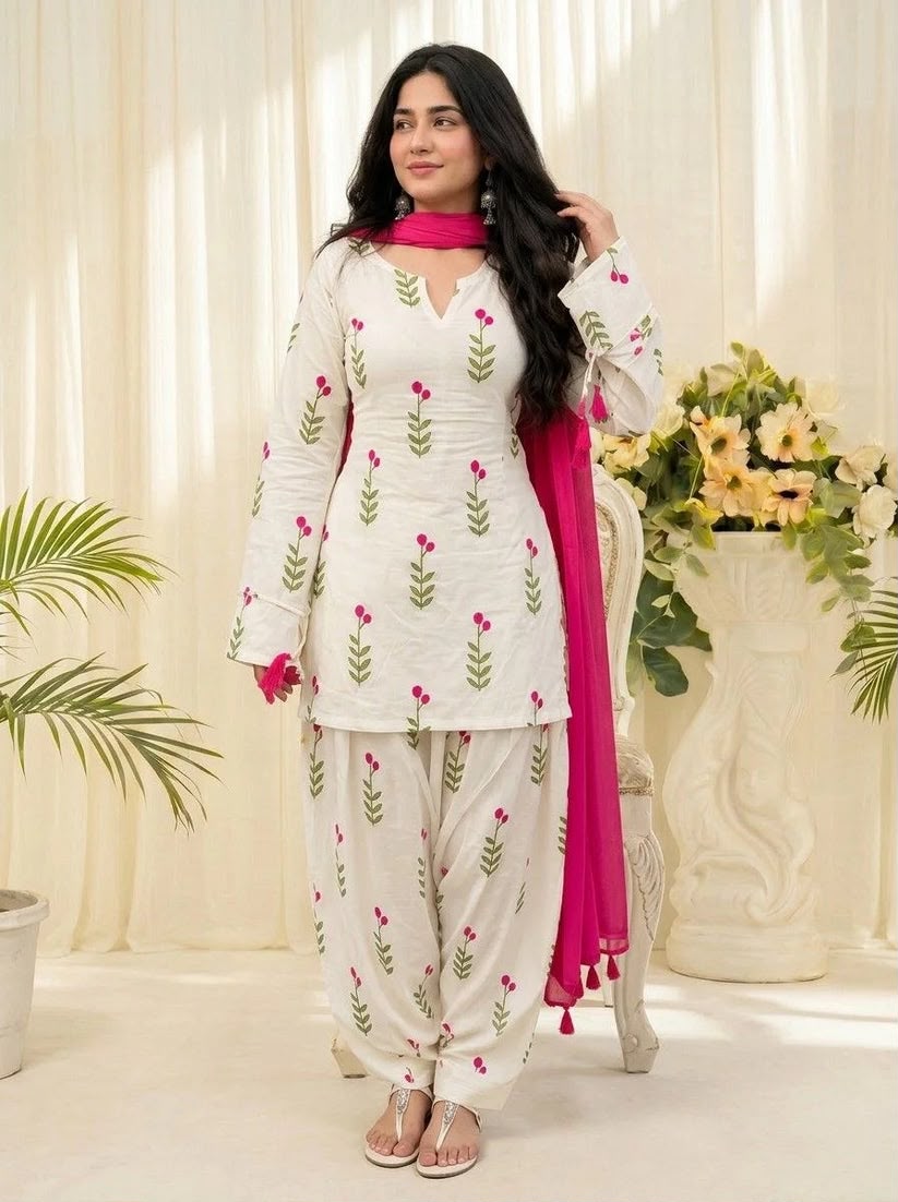 Off White Floral Kurta Patiala Set with Rani Pink Dupatta for Women