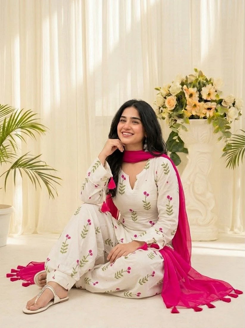 Off White Floral Kurta Patiala Set with Rani Pink Dupatta for Women