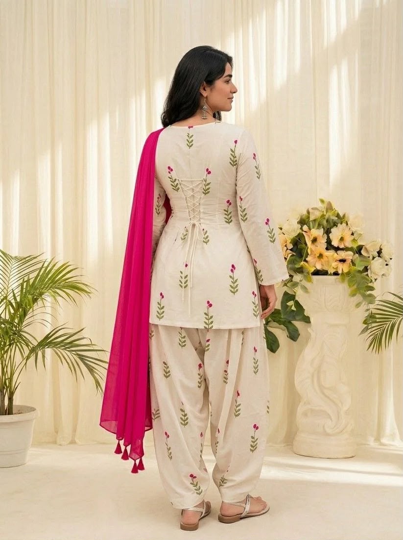 Off White Floral Kurta Patiala Set with Rani Pink Dupatta for Women
