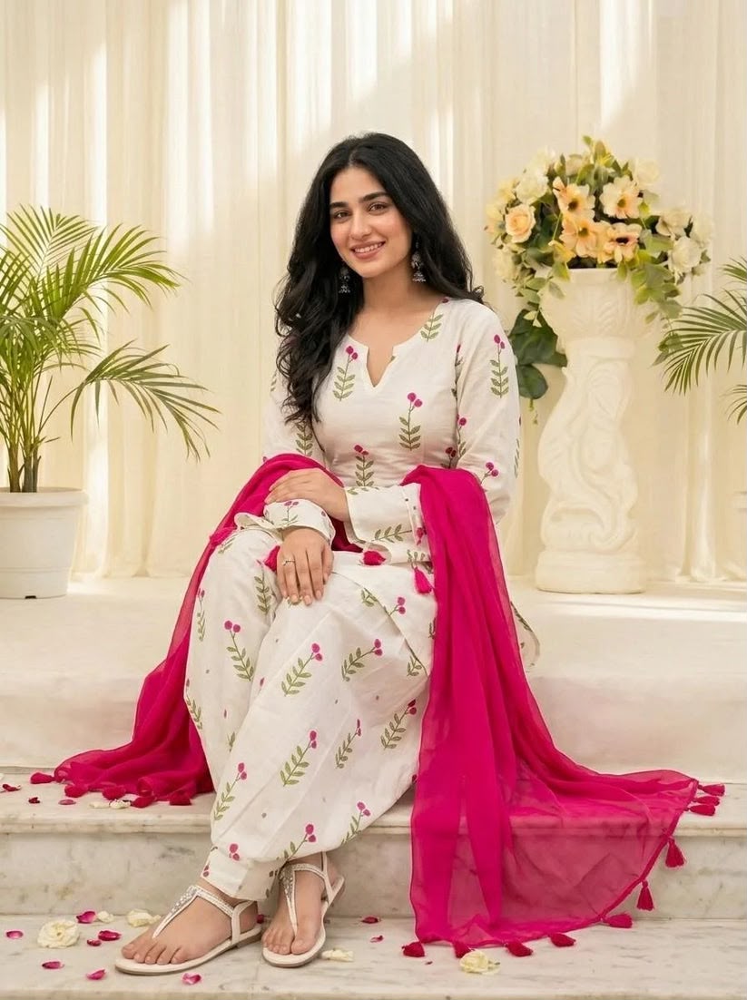Off White Floral Kurta Patiala Set with Rani Pink Dupatta for Women