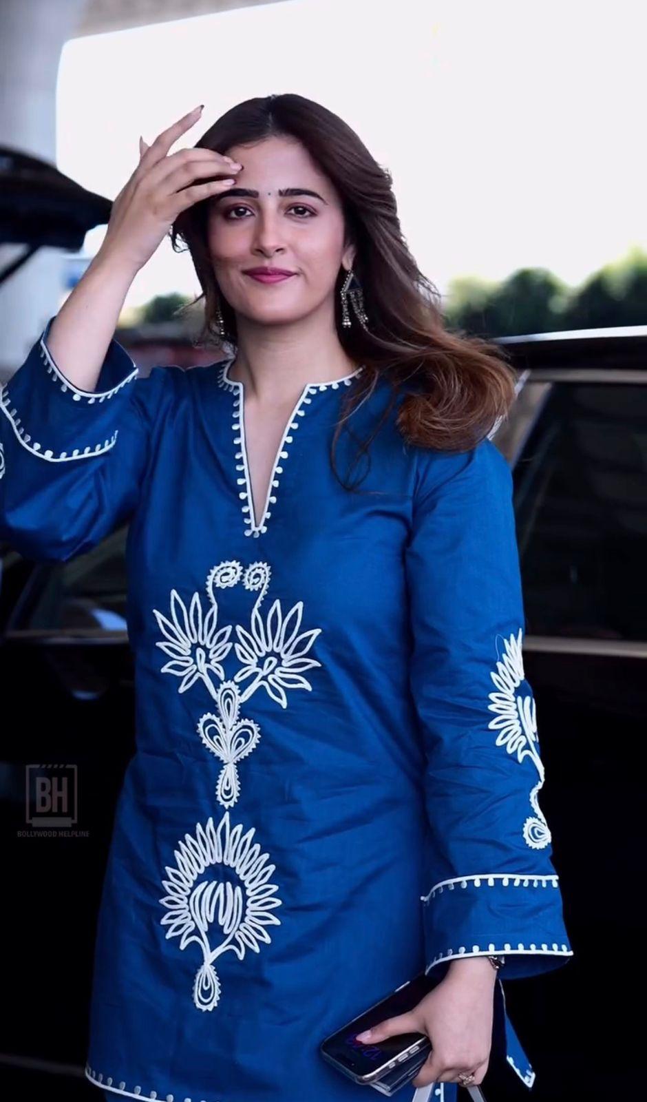 Royal Blue White Embroidered Straight Kurti for Women