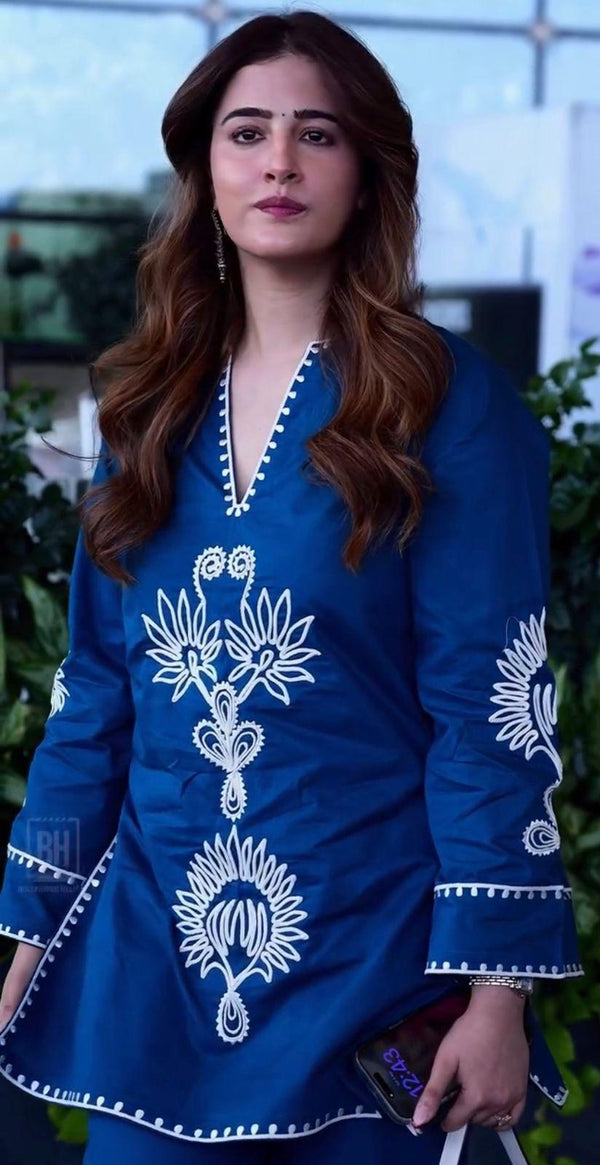 Royal Blue White Embroidered Straight Kurti for Women