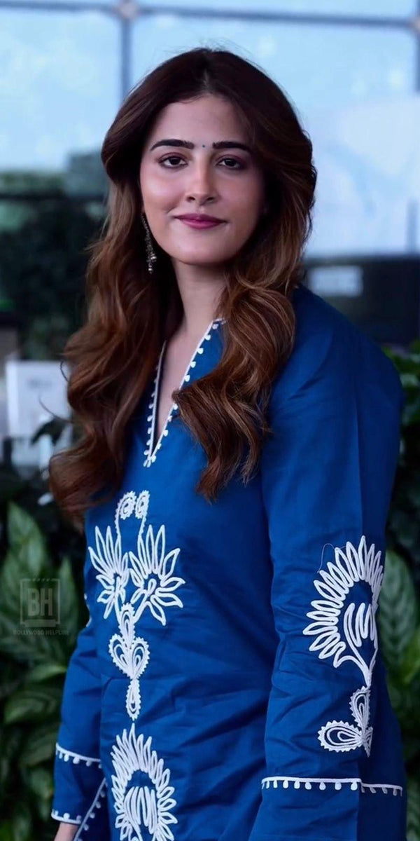 Royal Blue White Embroidered Straight Kurti for Women