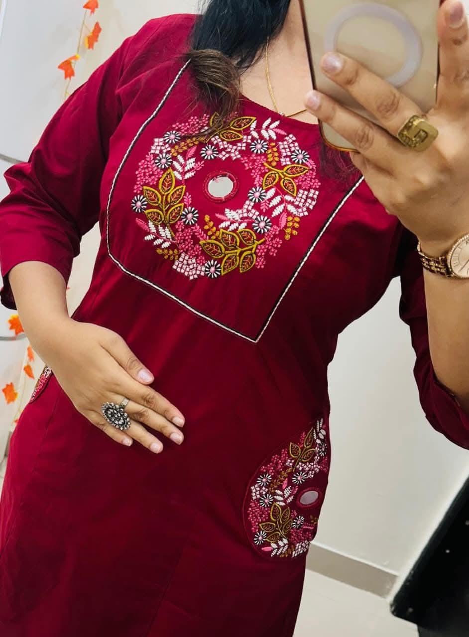 Wine Red Embroidered Kurta Set with Straight Pants